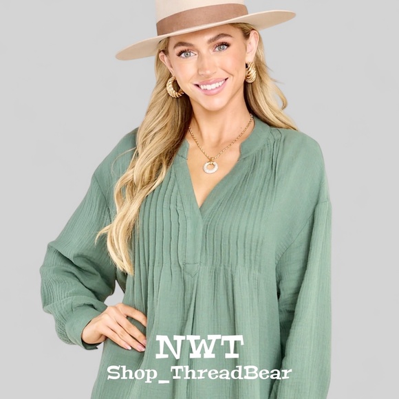 Lou & Grey [LOFT] Pintuck Mini Dress NWT Light Sage Green + V-Neck | XS · Small - Picture 1 of 14